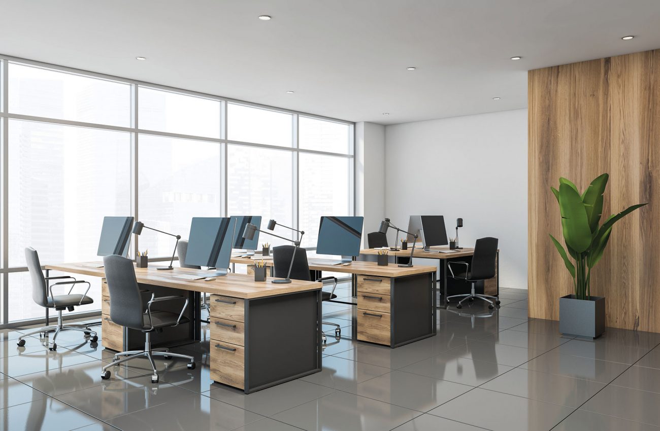 White and wooden open space office corner