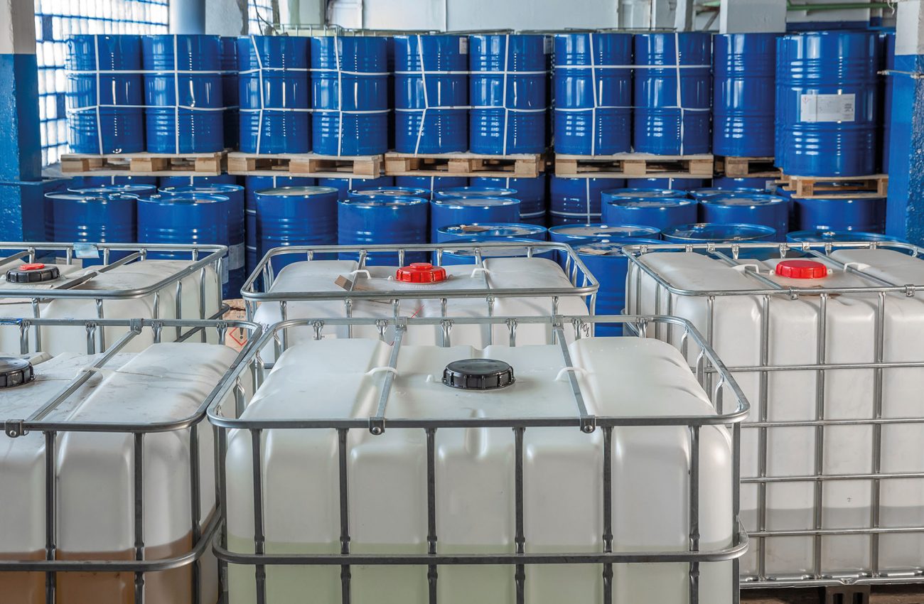 blue barrels in the warehouse on pallets