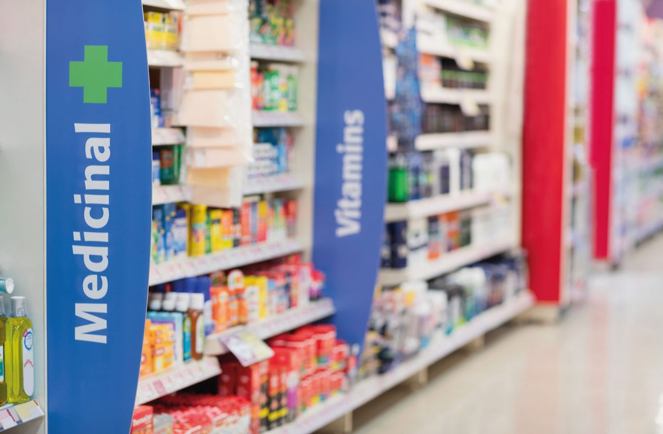 Side view of supermarket shelves