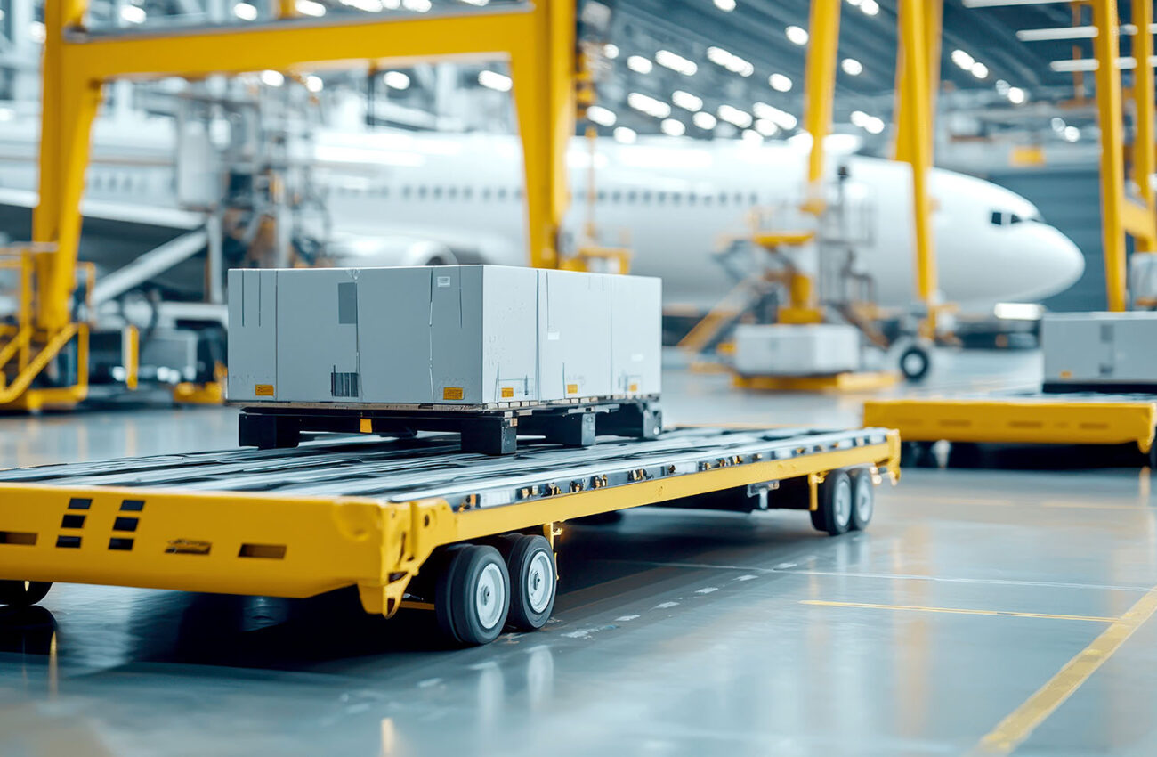 Cargo Pallet Truck in Airport Hangar with Airplane in Background